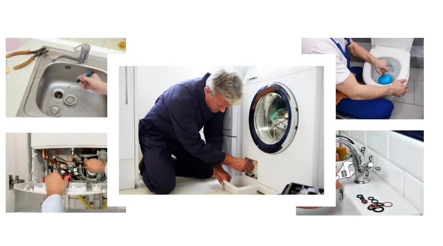 Paul doing plumbing jobs on a washing machine, toilet, sink and boiler.